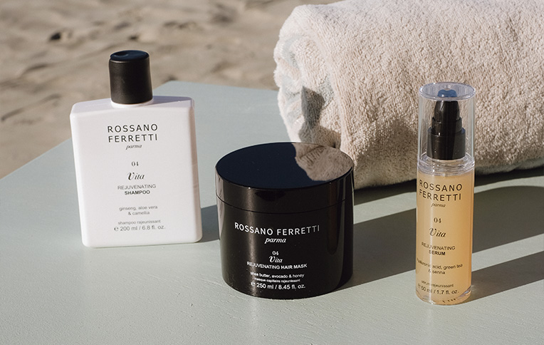Rossano Ferretti Parma's Vita rejuvenating routine with the rejuvenating shampoo, the rejuvenating mask and the rejuvenating serum.