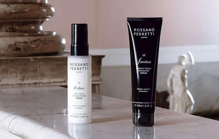 Velluto Anti-Frizz Straightening Serum and Favoloso Perfect Curls Enhancing Serum by Rossano Ferretti Parma.