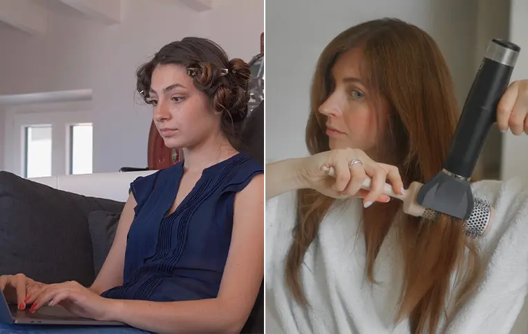 A girl drying her hair with the GA.MA hairdryer next to another girl creating heatless waves.