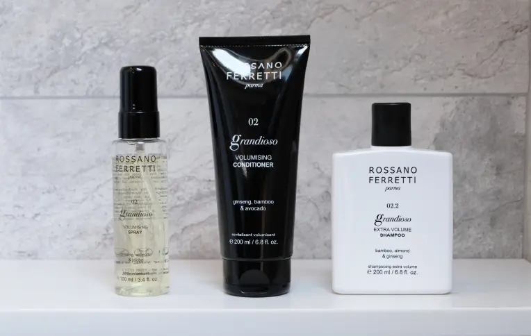 Rossano Ferretti Parma's Grandioso volumising routine with the extra volume shampoo, the volumising conditioner and the volumaising spray.