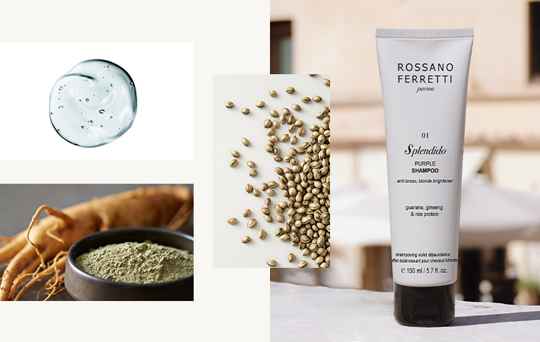 Lo Shampoo Viola Antigiallo Splendido di Rossano Ferretti, arricchito con guaranà, ginseng e proteine del riso.