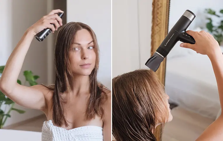 Carousel image featuring a girl applying Rossano Ferretti’s Favoloso Heat Protector Spray and drying her hair with a GAMA hairdryer.