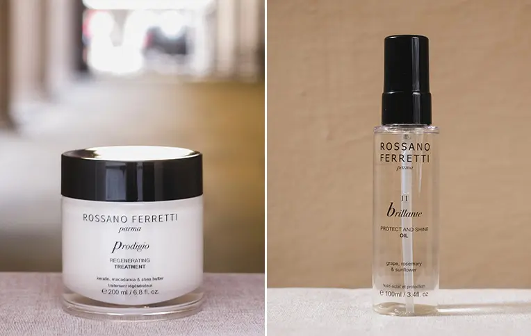 Trattamento rigenerante Prodigio e olio protettivo e illuminante Brillante di Rossano Ferretti Parma.