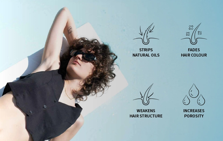 1. INFOGRAPHIC Inset image 1. Strips Natural Oils Leaves hair dry, dull & brittle. 2. Fades Hair Colour Can cause brassiness or green tints. 3. Weakens Hair Structure Leads to split ends, frizz & breakage. 4. Increases Porosity Hair soaks in too much water & loses moisture.