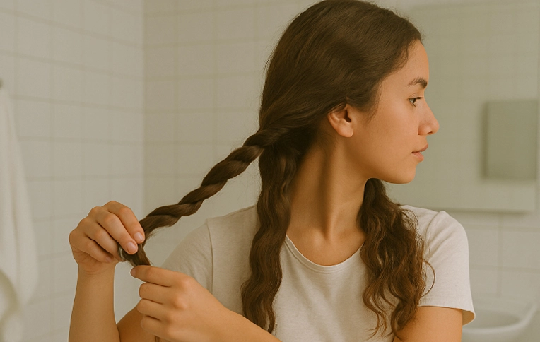 Girl braiding her hair