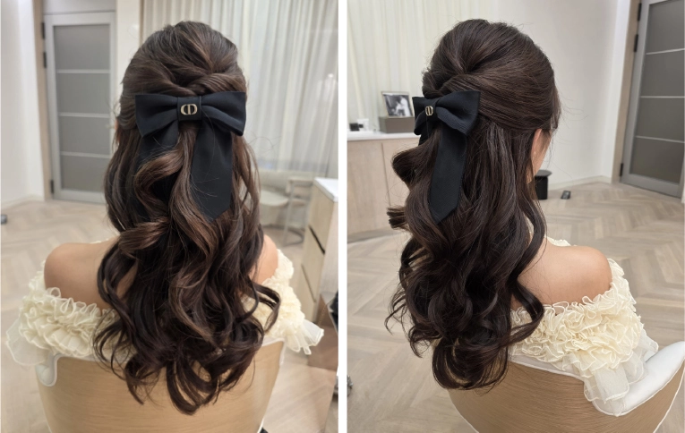 The chic wavy half up-do style