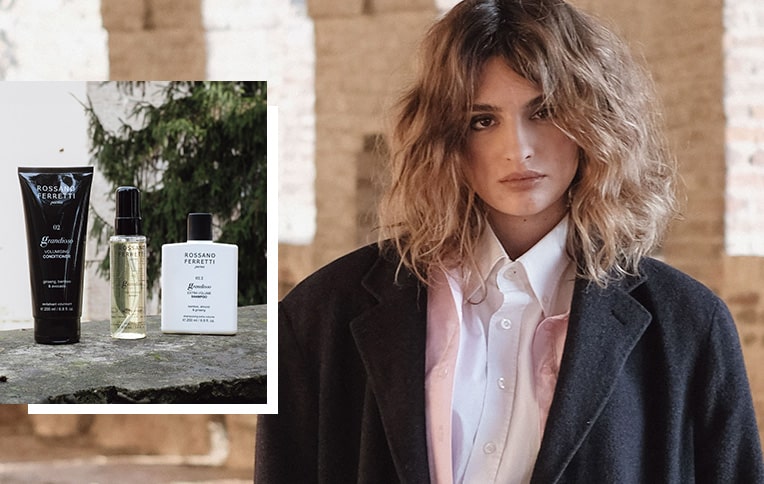 Image of a short, wavy-haired blonde girl next to an image of Rossano Ferretti Parma's Grandioso volumizing routine featuring the Extra Volume Shampoo, Volumizing Conditioner, and Volumizing Spray.