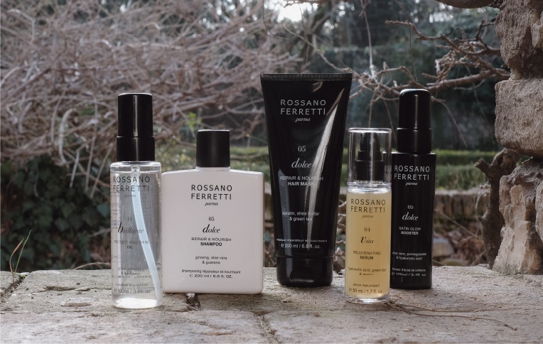 Image of Rossano Ferretti Parma's Dolce nourishing routine with the nourishing shampoo, the repair and nourish mask and the satin glow booster spray. And with Brillante oil and the rejuvenating serum Vita