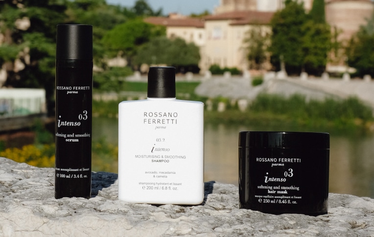 Image of Rossano Ferretti Parma's Intenso smoothing routine with the moisturising & smoothing shampoo, the softening & smoothing mask and the softening & smoothing serum.